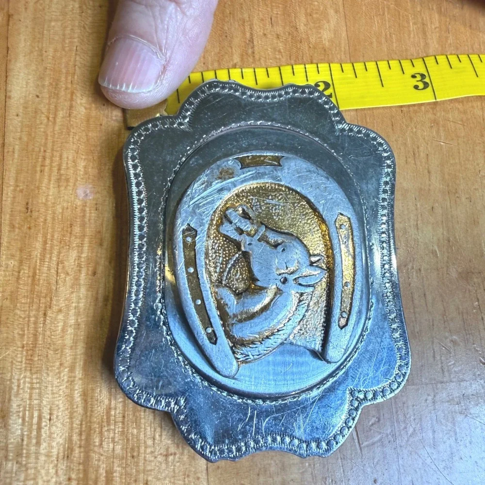 Vintage Horse Head Horseshoe‎ Belt Buckle Two Tone Silver Gold Made in Japan